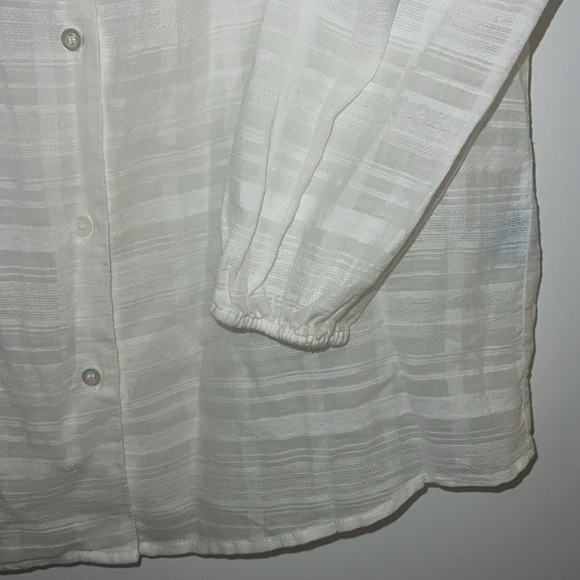 J McLaughlin XS White Cotton Linen Voile Stripe Button Down Smocked Blouse - Picture 4 of 6